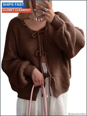 Tie Front Oversized Long Sleeve Bow Cardigan Ribbed Knit Sweater